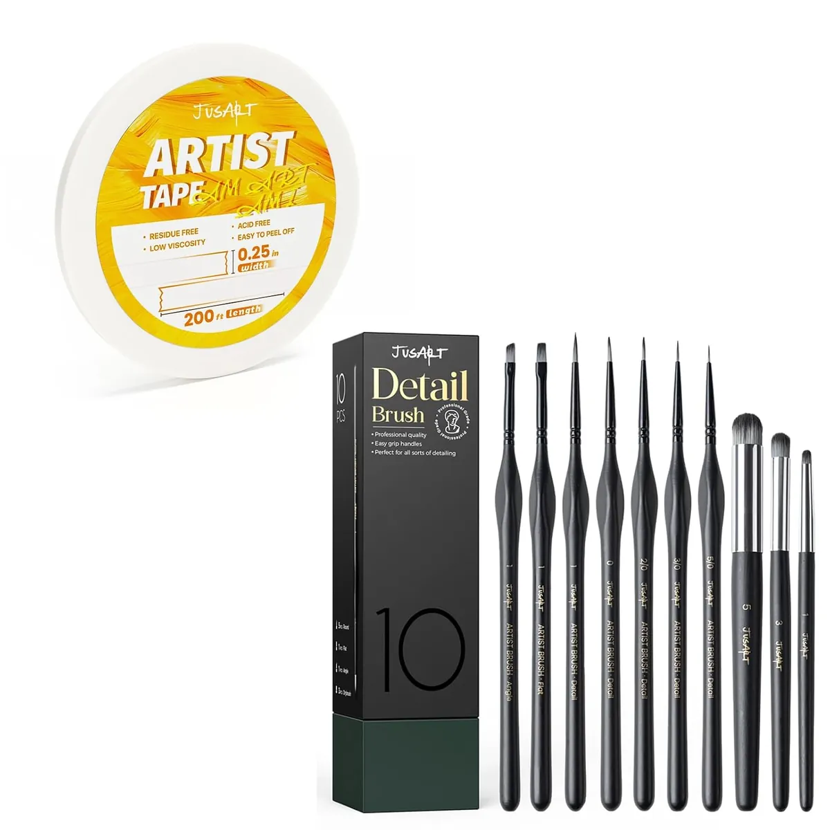 JusArt 1/4 inch Artist Tape +10 Pcs Detail Paint Brush Set