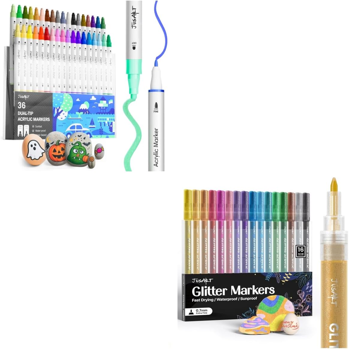 JusArt 36 Colors Dual Tip Acrylic Markers+ 16 Colors Acrylic Glitter Markers Pen