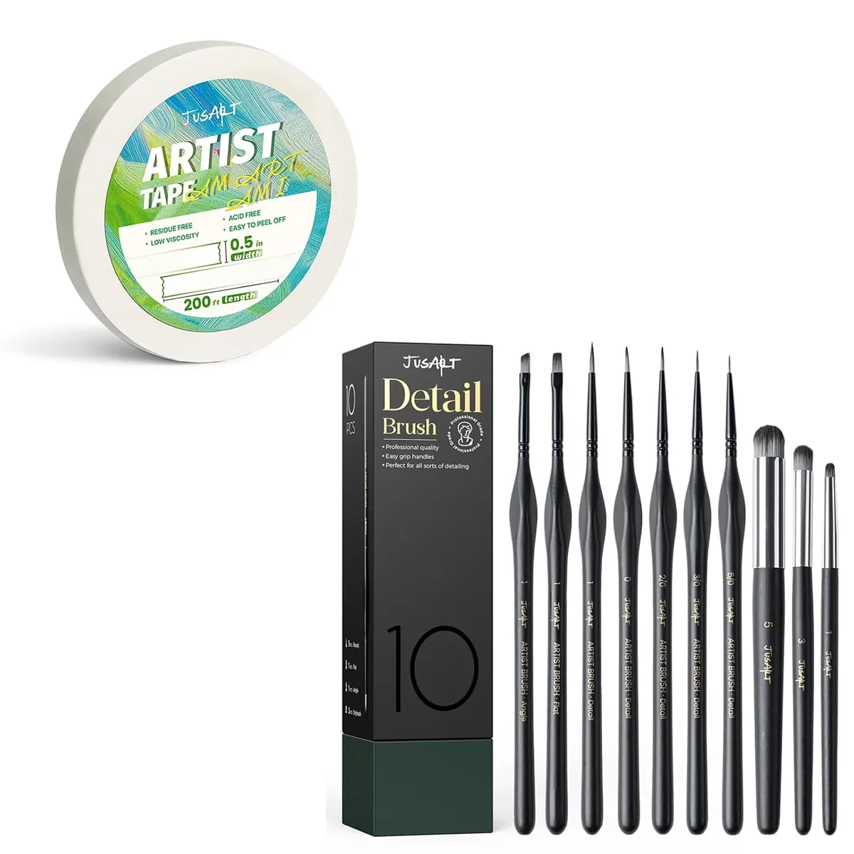 JusArt 1/2 inch Artist Tape +10 Pcs Detail Paint Brush Set