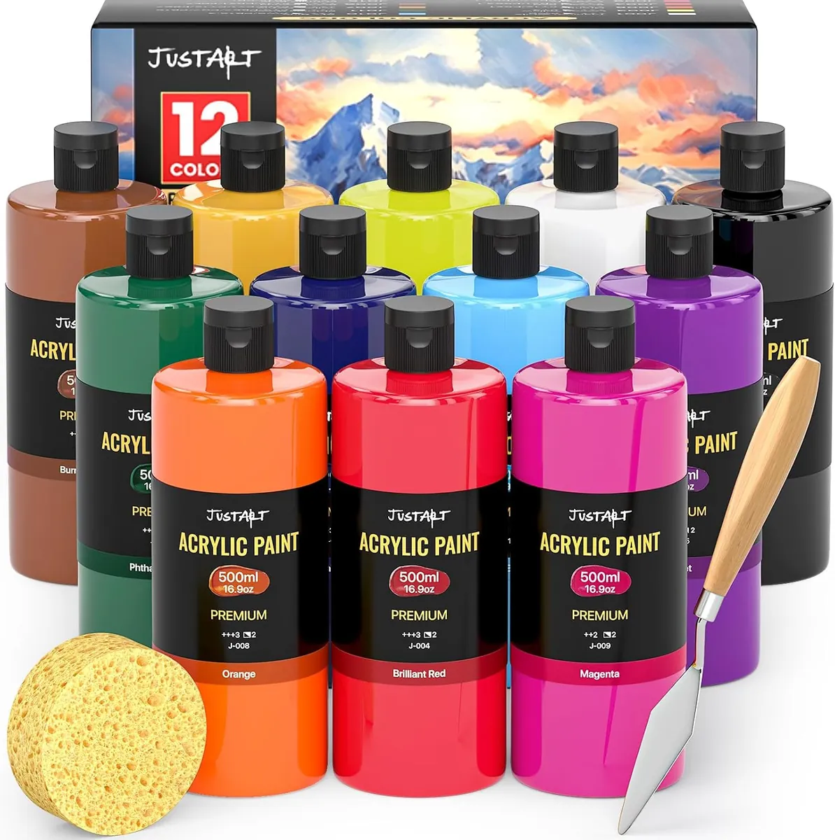 12 Colors Acrylic Paint Bottle Set (500ml/16.9oz)