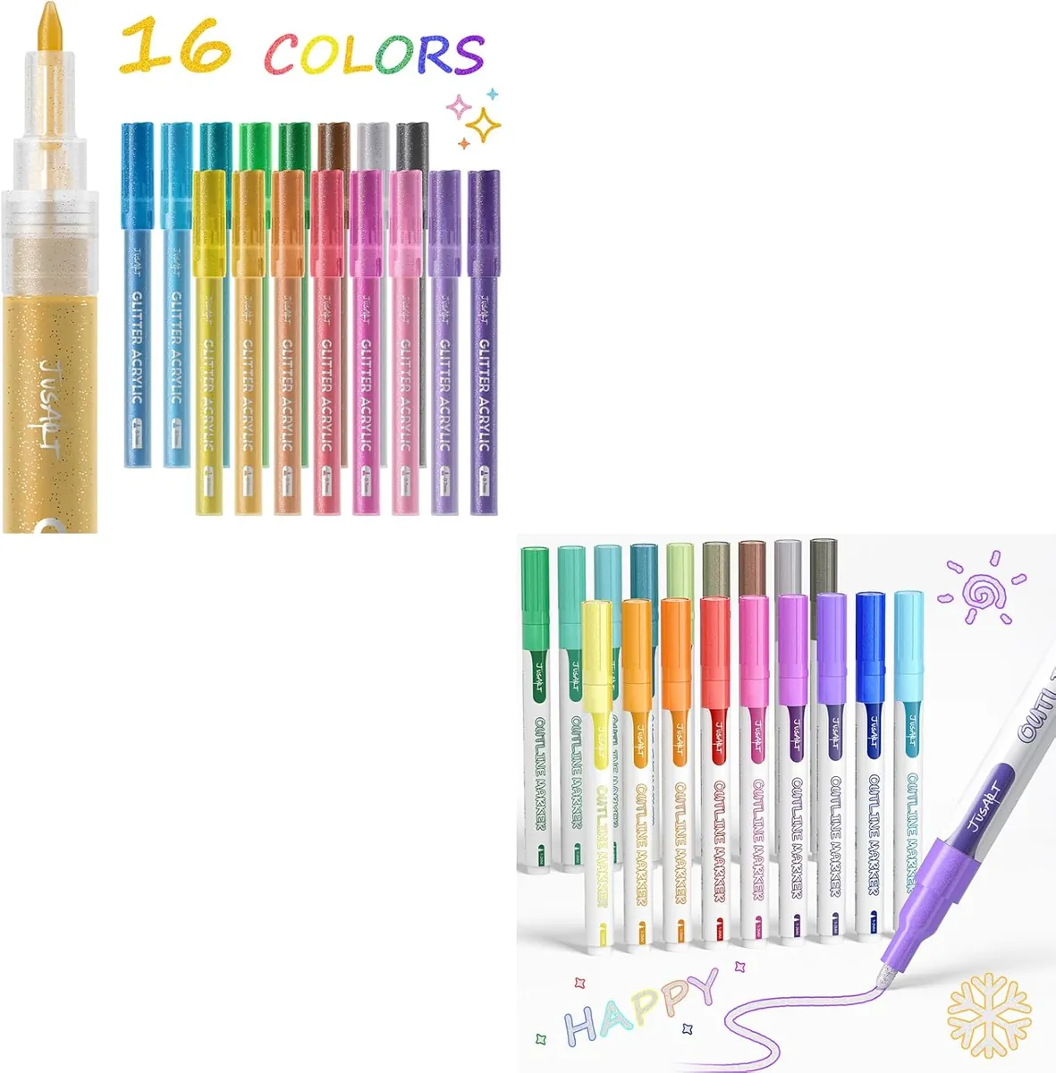JusArt 16 Colors Acrylic Glitter Markers Pen + 18 Colors Outline Markers