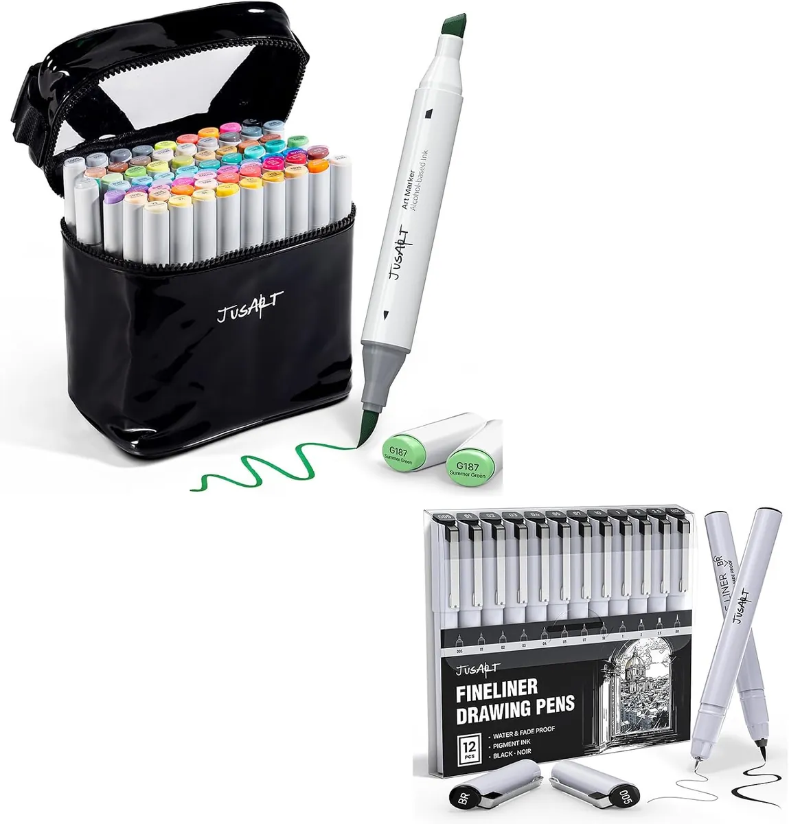 JusArt 72 Colors Alcohol Markers + JustArt 12Pcs Fineliner Pens