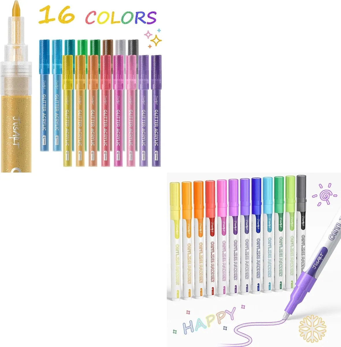 JusArt 16 Colors Acrylic Glitter Markers Pen + 12 Colors Outline Markers