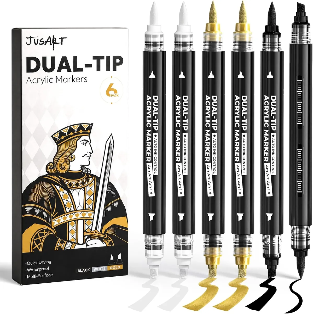JusArt 6 Black & White & Gold Acrylic Paint Markers