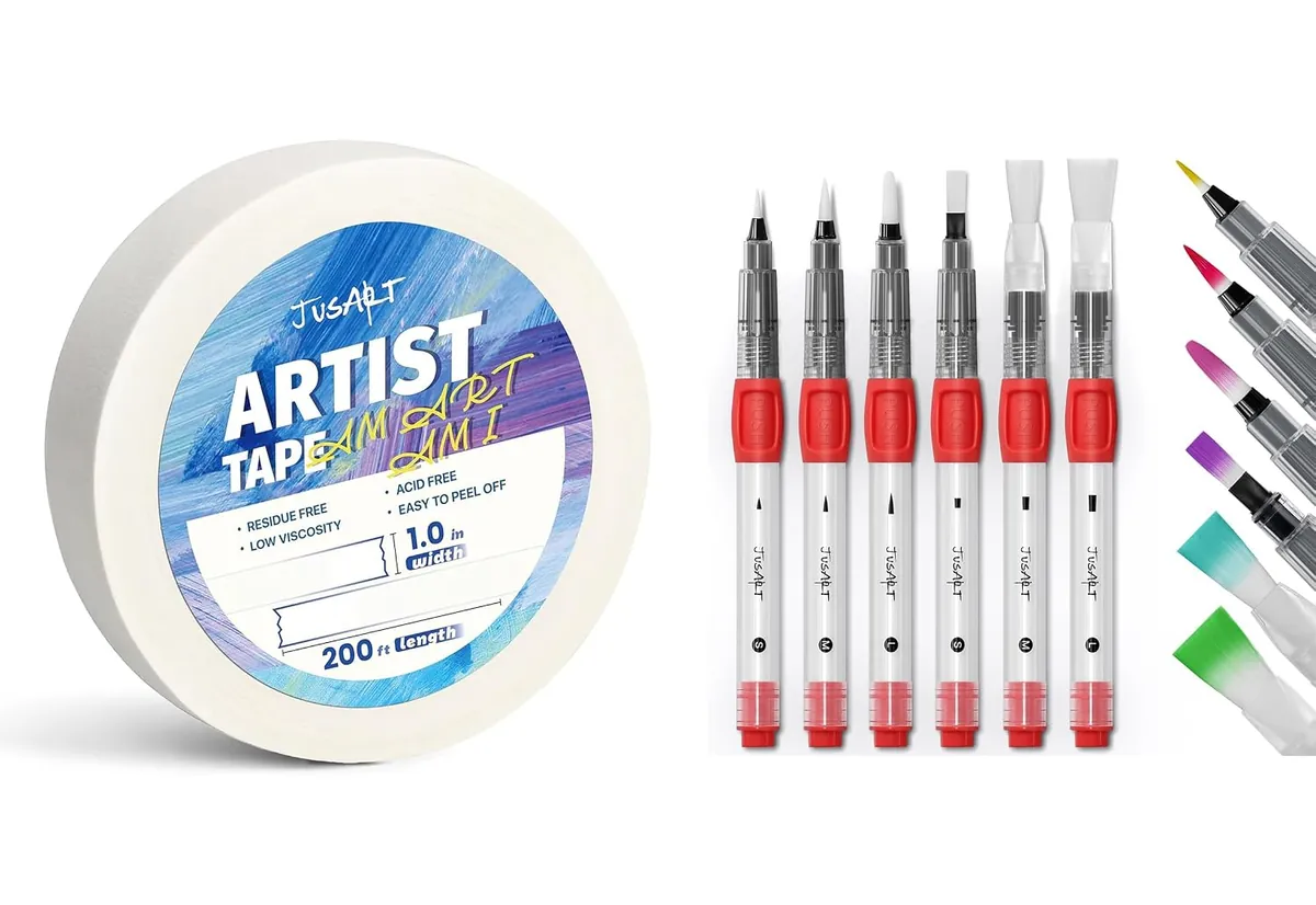 JusArt Artist Tape 1 inch Wide 200FT + Water Brush Pens 6-Pack