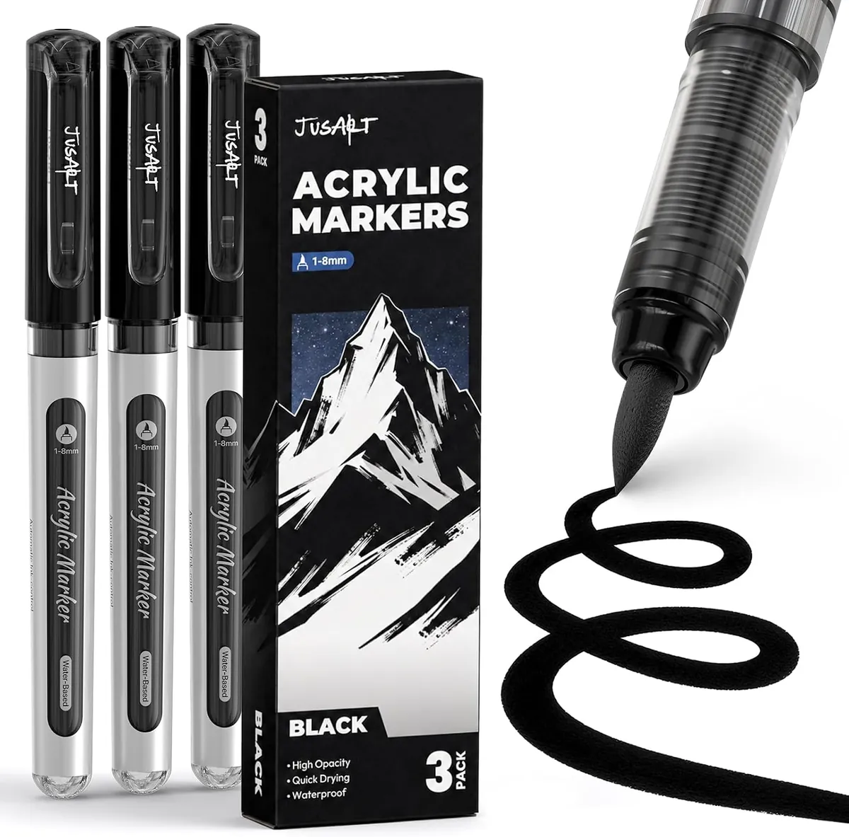 JusArt Black Paint Pens Brush Tip