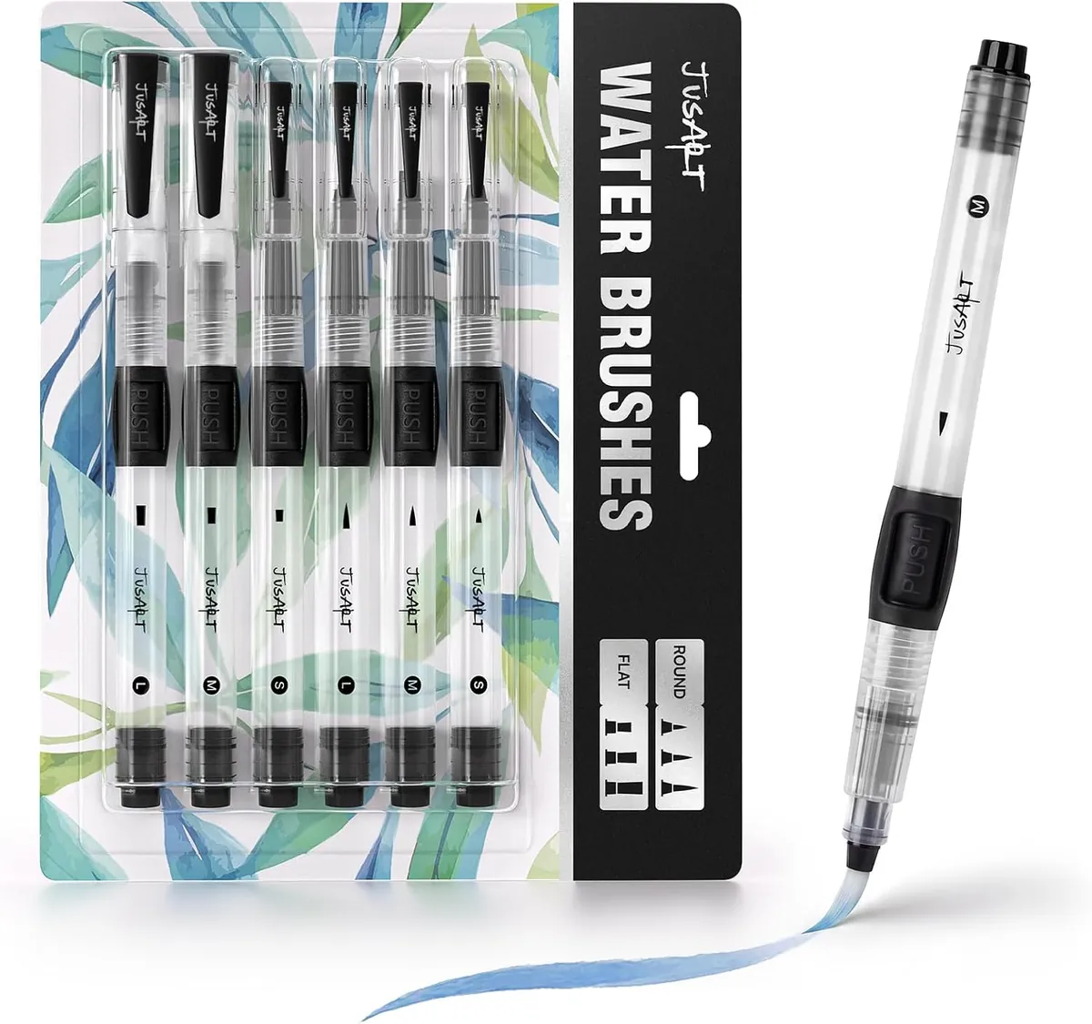 JusArt Water Brush Pens 6-Pack Leak-Proof Refillable Watercolor Pens