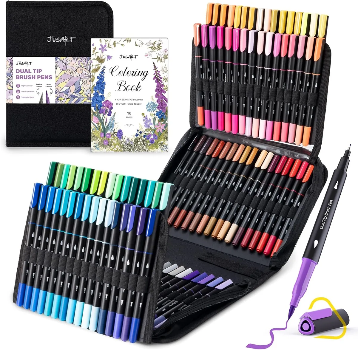 JusArt 100 Dual Tip Markers with Adult Coloring Book & Bag