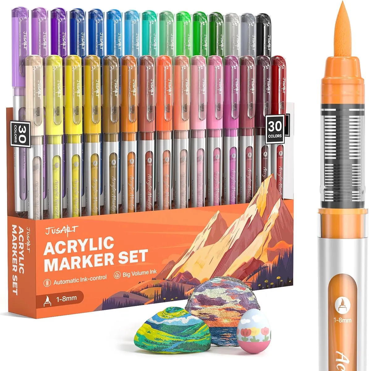 JusArt Acrylic Paint Markers Brush Tip 30 Colors