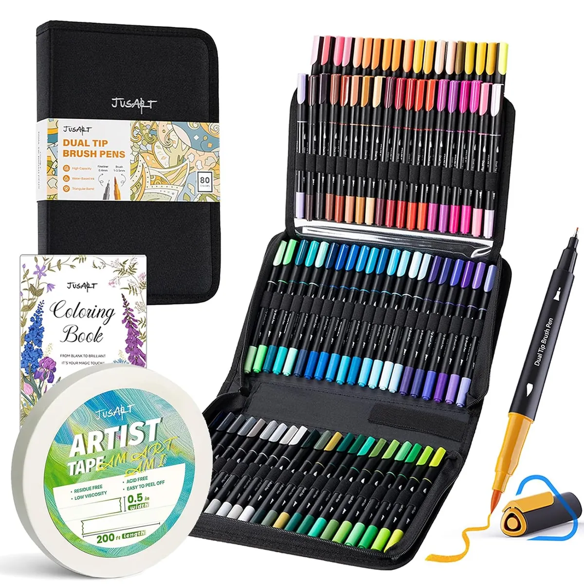 JusArt Artist Tape for Watercolor Paper + Water Based Coloring Markers 80 Colors