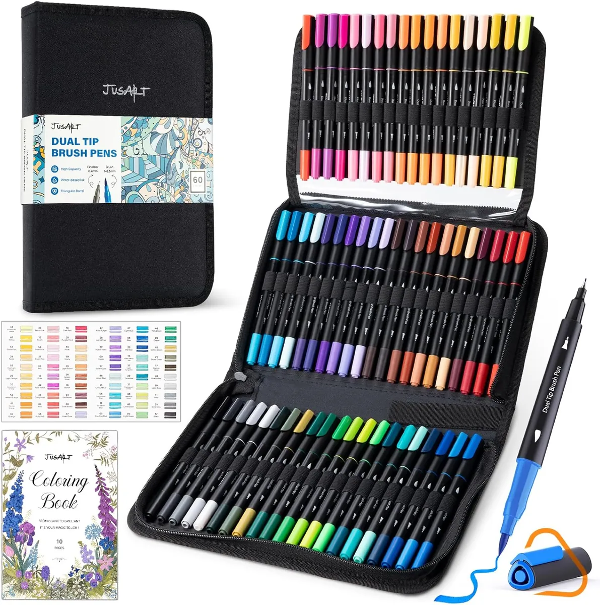 JusArt 60 Dual Tip Markers with Adult Coloring Book & Bag