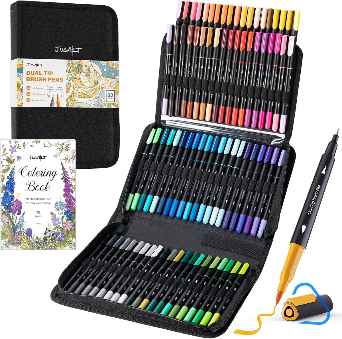 JusArt 80 Dual Tip Markers with Adult Coloring Book & Bag