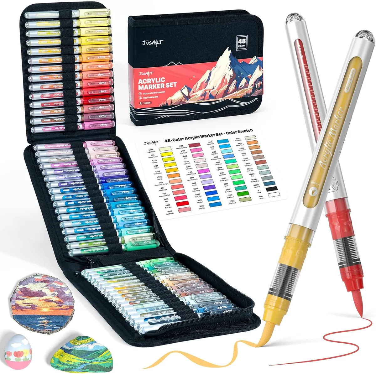 JusArt 48 Colors Acrylic Paint Markers Brush Tip