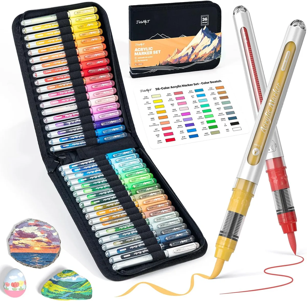 JusArt 36 Colors Acrylic Paint Markers Brush Tip
