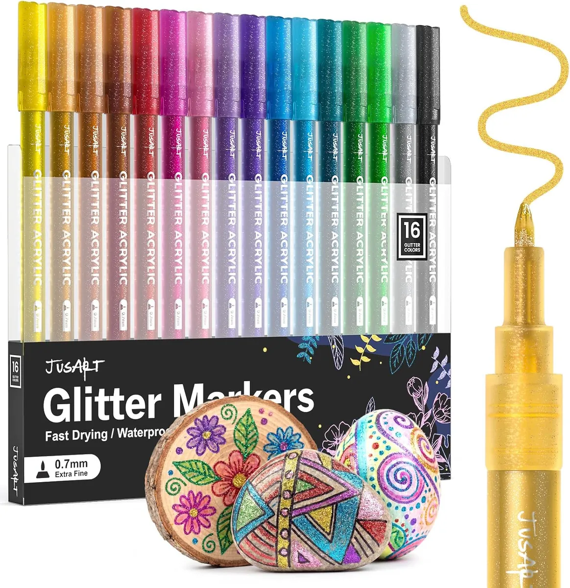 JusArt 16 Colors Glitter Paint Pens for Glass Marking