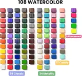 JusArt 108 Colors Watercolor Paint Set,Art Supplies with Metallic Color, Detail