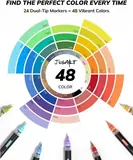 JusArt Acrylic Paint Markers 48 Colors, 24 Dual-Tip Brush Markers, No Bleed
