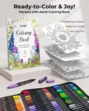 JusArt 60 Dual Tip Markers with Adult Coloring Book & Bag, No Bleeding